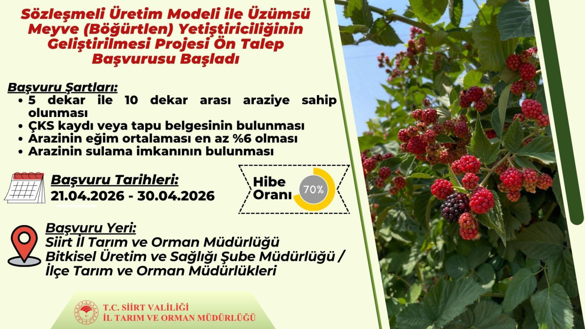 Sözleşmeli Üretim Modeli ile Üzümsü Meyve (Böğürtlen) Yetiştiriciliğinin Geliştirilmesi Projesi Ön Talep Başvurusu Başladı.