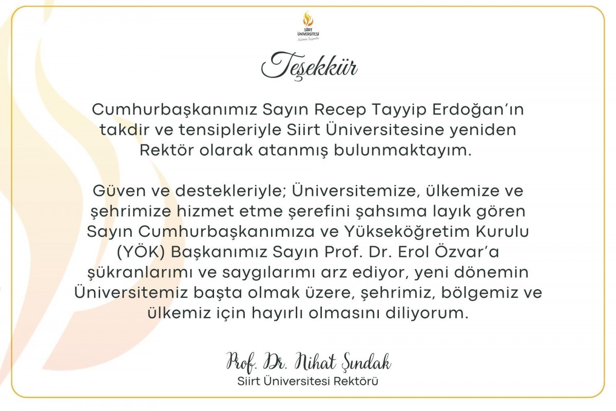  Siirt Üniversitesi Rektörlüğüne Prof. Dr. Nihat Şındak Yeniden Atandı